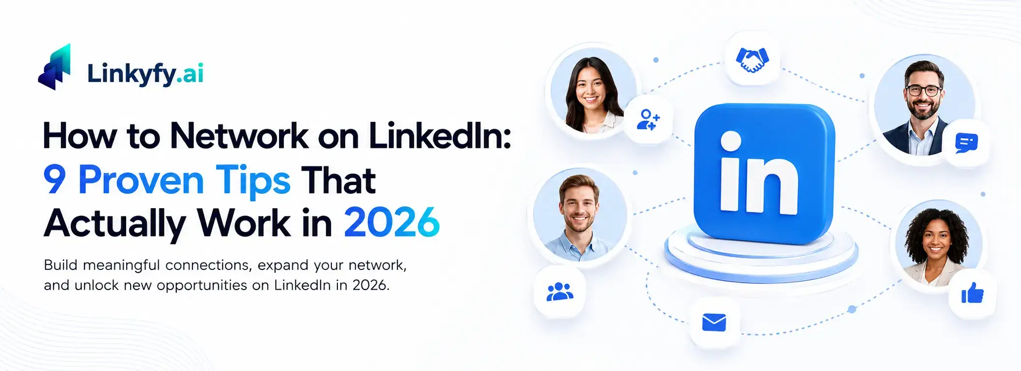 Illustration showing LinkedIn networking connections with professionals around the LinkedIn logo for a blog about networking tips in 2026