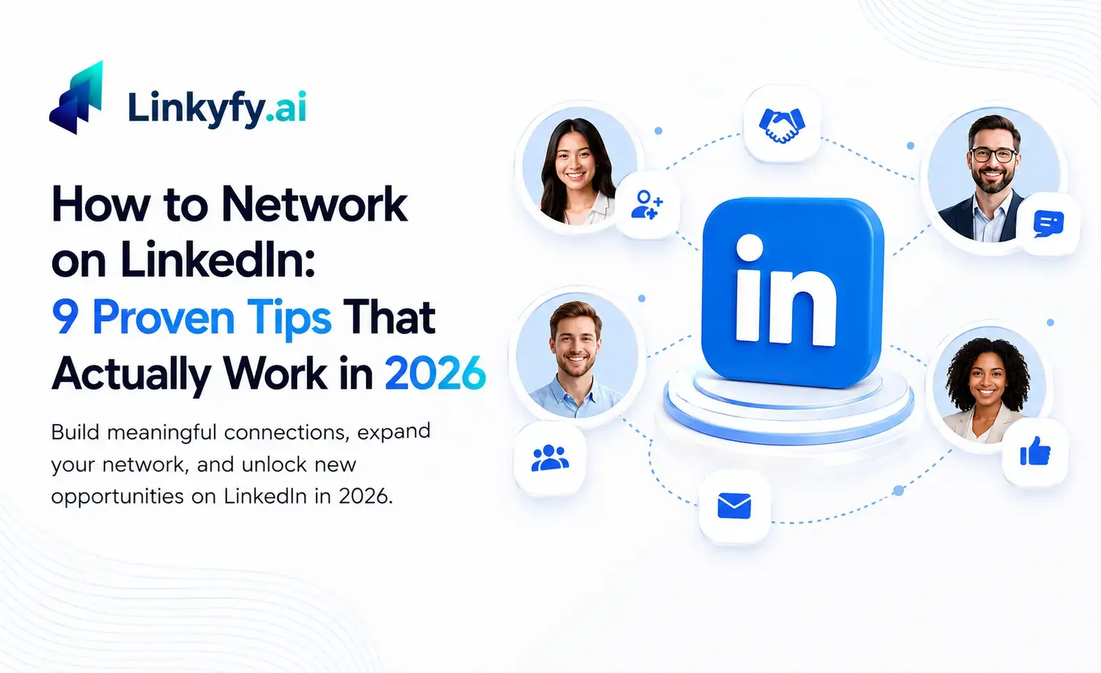 LinkedIn networking concept image with connected professionals and 9 proven networking tips for 2026