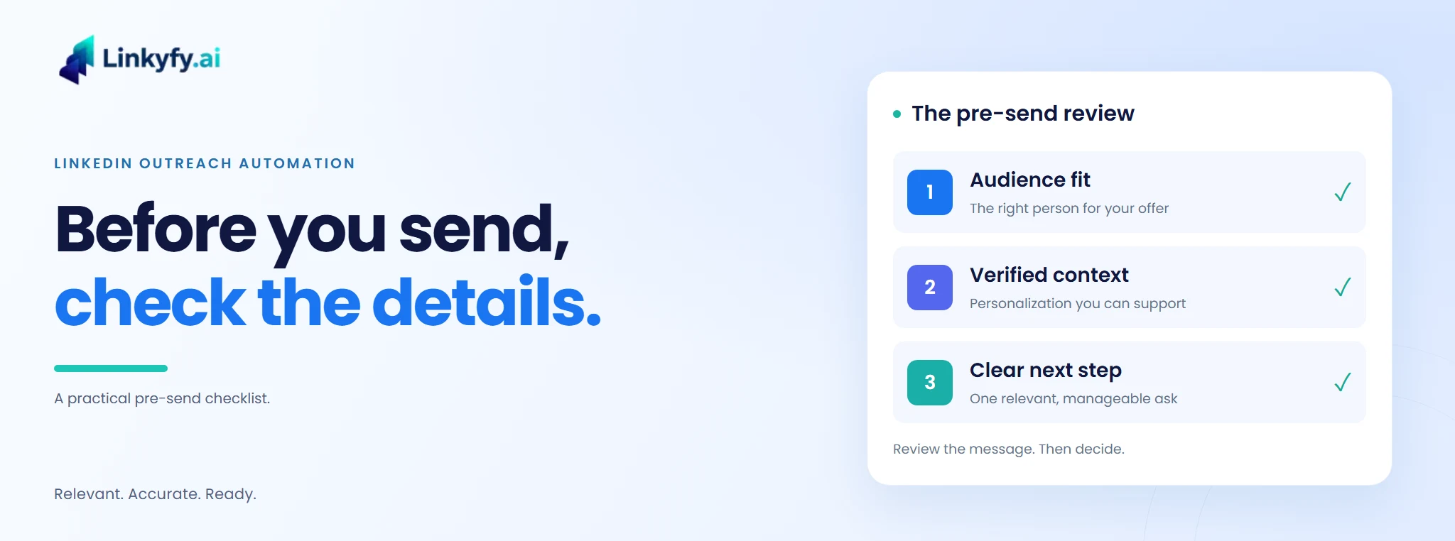 LinkedIn outreach pre-send checklist showing audience fit, verified context and a clear next step