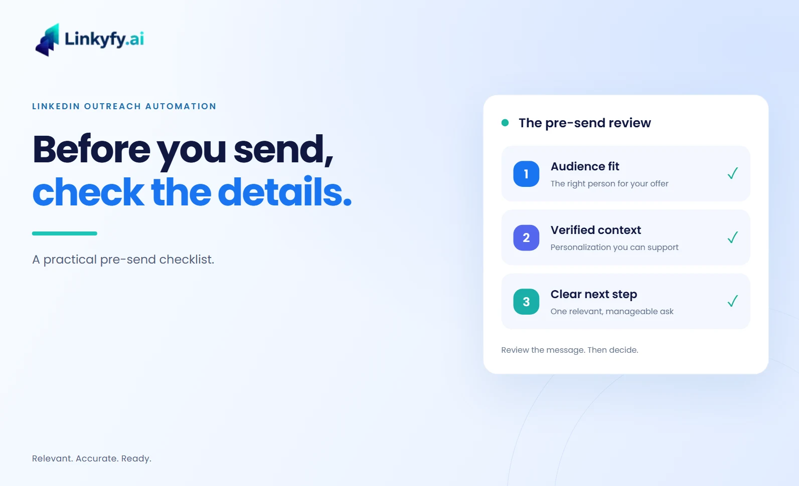 Before-you-send review for LinkedIn outreach, with three checks for audience, context and next step